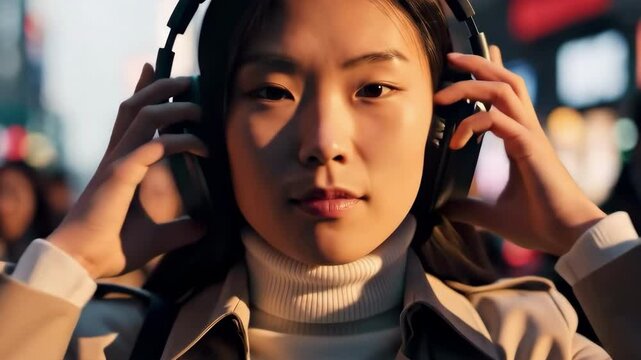 Young Asian woman wearing headphones in city street, focused and calm, listening to music &ndash; concept of solitude, urban life, and self-reflection