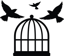 Birds Flying Out of Cage Silhouette – Freedom and Escape Concept Vector