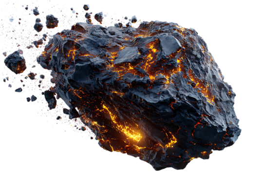 Glowing hot asteroid in space. Sci fi, cosmic background.