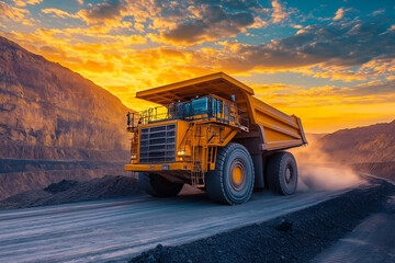 Giant yellow mining truck hauling gold ore in open pit mine, perfect for mining industry visuals
