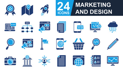 Marketing and Design Icons set vector illustration. Containing Badge, advertising, web development, cloud computing, photography and more. Simple solid icons collection.