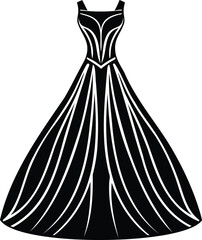 Elegant black and white vector illustration of a long flowing gown