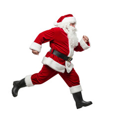 Santa claus running in a red suit isolated on transparent background