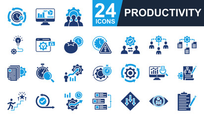 Productivity Icons set vector illustration. Containing team management, technique, efficiency, automation, routine and more. Simple solid icons collection.