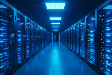 Server racks in high tech data center with blue lighting for cloud computing and network storage