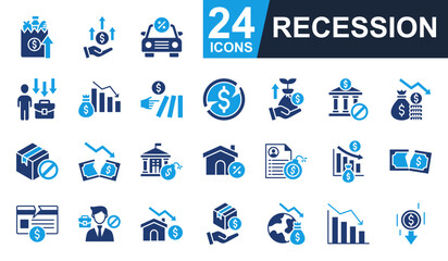 Recession Icons set vector illustration. Containing grocery, inflation, job loss, domino effect, economic crisis and more. Simple solid icons collection.