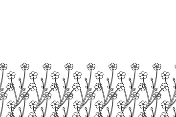 Line art botanical floral horizontal border with meadow flowers isolated on white background. Hand drawn outline little wildflowers vector illustration.Graphic design element for Birthday Wedding Card