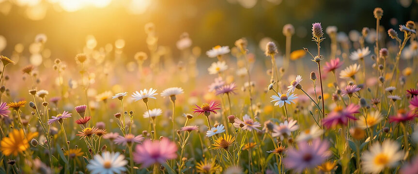 Green spring meadow with nature field grass in summer under sunny sky sun shining on flowers garden landscape fresh day floral daisy and blue outdoor herb light bright chamomile park rural cloud