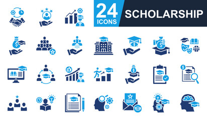 Scholarship Icons set vector illustration. Containing dedication, university, tuition, endowment, studying and more. Simple solid icons collection.