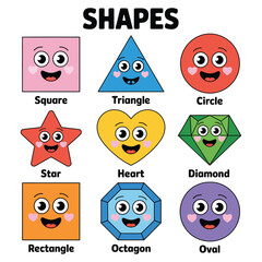 Colorful Geometric Shapes Chart with Happy Faces Educational Illustration for Kids