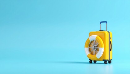 Yellow Suitcase and Lifebuoy: Travel and Vacation Concept