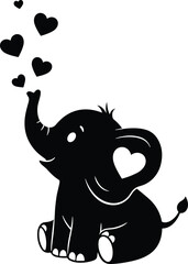 Adorable baby elephant silhouette blowing heart shapes, cute cartoon animal with heart ear detail, love vector illustration for nursery, kids decor, greeting cards, prints