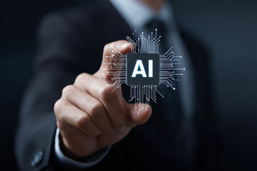 High-resolution conceptual image of a man in a suit holding a stylized AI chip with circuit lines, symbolizing advanced artificial intelligence in modern business and innovation