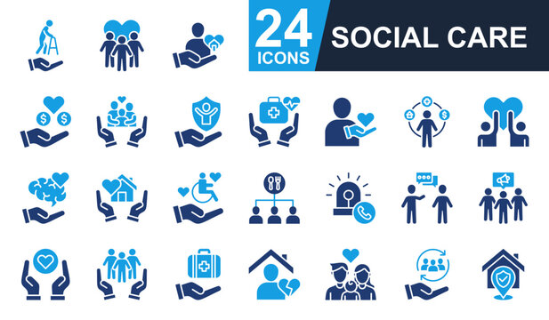 Social care Icons set vector illustration. Containing elderly care, community, donation, family support, volunteer and more. Simple solid icons collection.