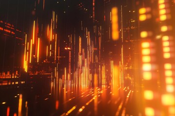 A stock market graph with orange and yellow candlestick charts going up, set against an abstract dark background. 