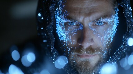Close-up of a man with glowing digital face overlay