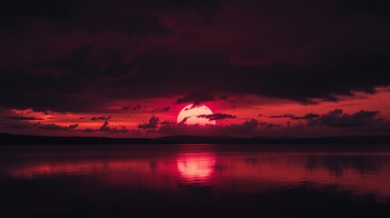 Dramatic Red Sunset Over Calm Lake Reflection