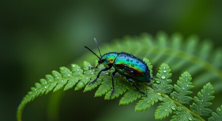 Iridescent Green Beetle on Dew-Covered Fern