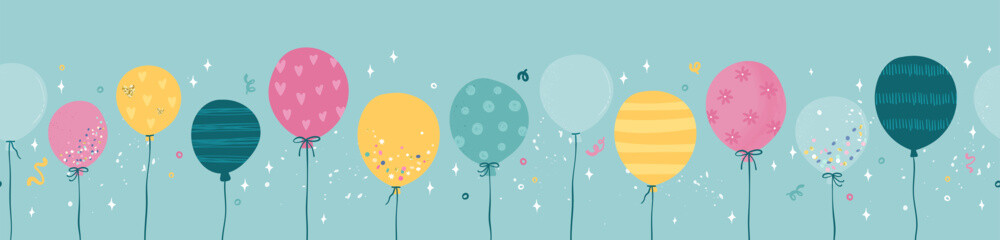 Fun hand drawn party seamless design with fun balloons. Great for birthday parties, textiles, banners, wallpapers, wrapping - vector design
