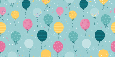Fun hand drawn party seamless design with fun balloons. Great for birthday parties, textiles, banners, wallpapers, wrapping - vector design