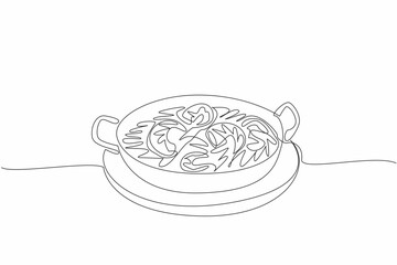 Single one line drawing shrimp scampi served in round pan and wooden cutting board. Serving to keep food warm for a long time. National Shrimp Scampi Day. Continuous line design graphic illustration