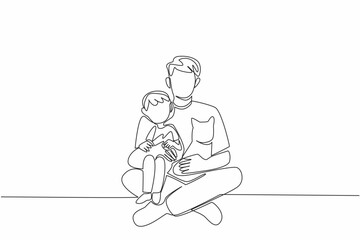 Continuous one line drawing a father sits on the floor hugging his son and a cat. The feeling of having fun joking together. Cute. National Pet Parents Day. Single line draw design vector illustration