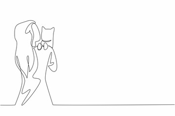 Single one line drawing a woman hugs and kisses a cat perched on her shoulder. Loving animals is like loving children. Adorable. National Pet Parents Day. Continuous line design graphic illustration