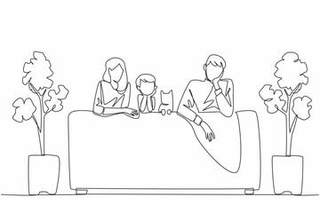 Single one line drawing mother and father, a son and a cat sitting on the sofa, their backs to the sofa. Uniqueness of the family. National Pet Parents Day. Continuous line design graphic illustration