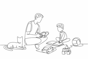 Single continuous line drawing father sits on the floor with son and reads a book to him. Channeling the hobby of reading while playing. National Pet Parents Day. One line design vector illustration