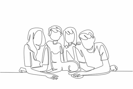 Single continuous line drawing a pair of father and mother lying face down, a boy and a girl sitting on the floor. Happy together. Fun. National Pet Parents Day. One line design vector illustration