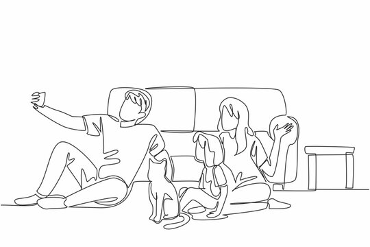 Continuous one line drawing father mother and a daughter sitting on floor with a cat having a fun wefie. Warmth of family. Love. National Pet Parents Day. Single line draw design vector illustration
