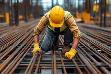 Builder in safety gear securing rebar at building site for construction and labor visuals