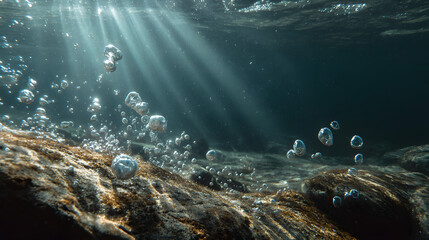 Underwater scene with bubbles and sunlight filtering through