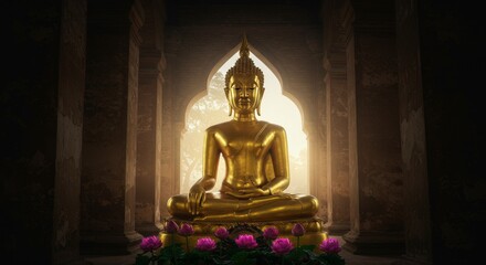 Golden Buddha Statue in Ancient Temple at Sunrise