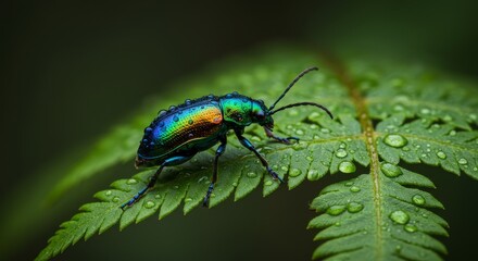Vibrant Jewel Beetle on Dew-Kissed Fern