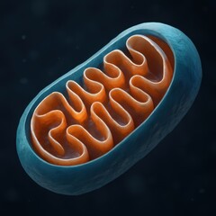 Detailed 3D Illustration of a Mitochondrion with Inner Membrane Structure in Blue and Orange