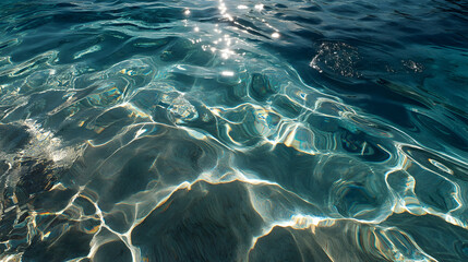 Aqua blue sea under strong sunlight, transparent ripples 