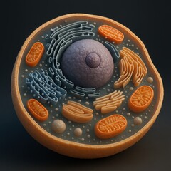 Detailed 3D Illustration of a Human Cell Structure with Organelles on Dark Background