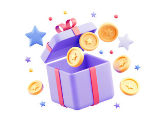 3D Open gift box with floating gold coin and serpentine ribbon. Cash surprise box. Money prize reward. Loyalty program concept. Cartoon creative design icon isolated on white background. 3D Rendering
