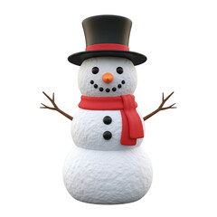 A cheerful snowman with a black hat and red scarf isolated on transparent background
