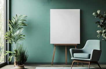 Fototapeta premium A white, blank canvas on an easel mockup, in front of a sage green wall, in a minimalist style