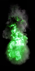 Low-angle view of Isolated large Fire with Green Flames and detailed Smoke burning like a torch on a black background