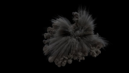 Powerful explosion with a large cloud of dark smoke billowing outwards with many debris dust trails on a black background