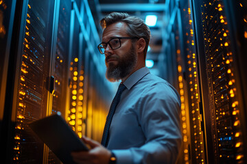 Cybersecurity specialist monitoring server data via tablet interface in secure IT environment