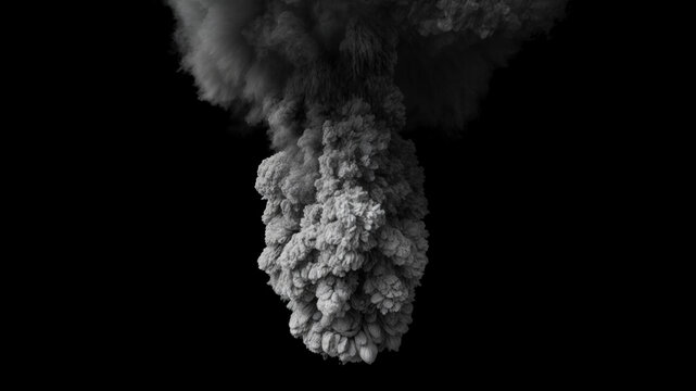 Isolated Large and tall gray smoke plume which is voluminous and thick indicating a powerful blast like a volcano explosion on a black background