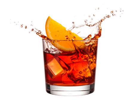 Refreshing cocktail with splash and orange slice.