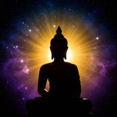 Serene Buddha Silhouette Against Cosmic Background