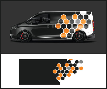 Modern van wrap design with red black and white geometric graphics