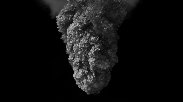 Side view of Isolated Grey and Thick Billowing Smoke Plume moving upward fast like a Volcano explosion on a black background