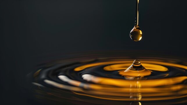 Amber liquid droplet falling, creating ripples